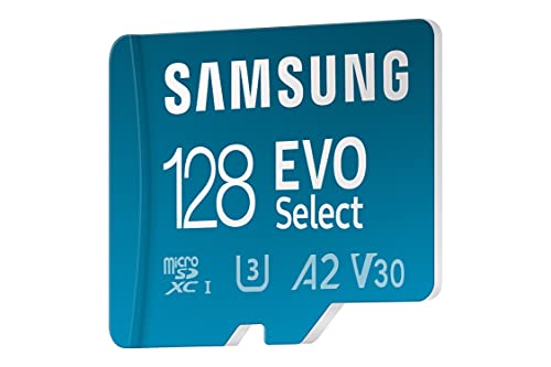 Samsung EVO Select 128GB, microSD, A2, V30, 130 MB/s, FHD, 4K UHD, tarjeta de memoria con adaptador para Smartphone, Tablet, Cámara de Acción, Drone o Notebook (MB-ME128KA)