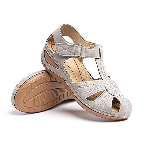 Sandalias Mujer Cuña Comodas Mules Planas Sandalia Cerrada con Pulsera Tacon Casual Zapatos de Playa Retro 2 Gris 38 EU