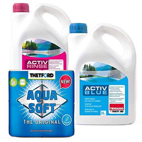Set Thetford Activ Blue & Aktiv Rinse WC aditivo de 2 litros cada uno, opcional con papel higiénico (Blue + Rinse + Aqua Soft)