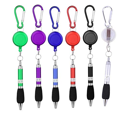 SevenMye - Juego de 6 bolígrafos con mosquetón retráctil para bolígrafos, carretes y mosquetones, 6 Colores