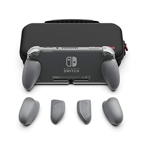 Skull & Co. GripCase Lite Bundle: A Comfortable Protective Case with Replaceable Grips [to fit All Hands Sizes] for Nintendo Switch Lite [with Carrying Case] - Gray