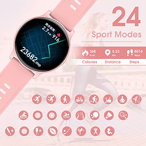 Smartwatch Mujer, 1.3''Reloj Inteligente Mujer Hombre Impermeable IP68, 24 Modos Deporte Pulsera Actividad Inteligente Pulsómetro Monitor de Sueño Podómetro Cronómetros Calorías para Android iOS Rosa