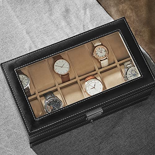 Songmics JWB012 - Caja para 12 de relojes y cajón joyería, soporte de exhibición con vitrina, color negro y crema