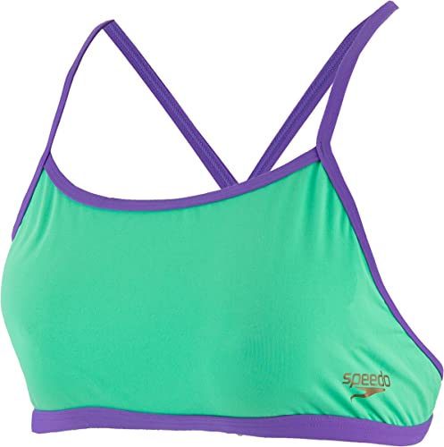 Speedo Solid Tie-Back Crop Top Parte Superior Bikini, Mujer, Green Glow/Ultra Violet/Black, 30