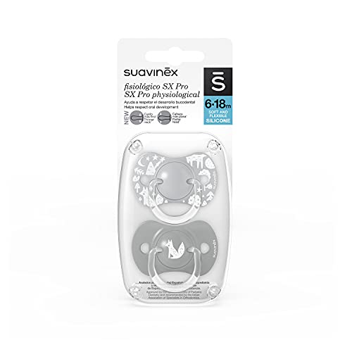SUAVINEX Nuevo Pack 2x Chupetes Fisiológicos Sx Pro, Para Bebés 6-18 Meses, Chupetes Con Tetina Fisiológica de Silicona Sx Pro, color Gris, 6-18 Meses, 43 g - Pack de 2