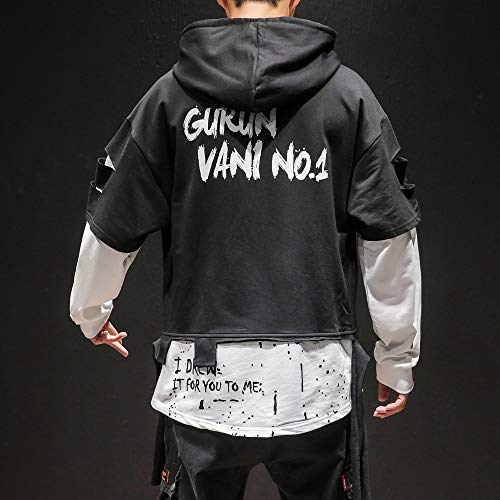 Sudadera con capucha para hombre moderna con capucha, con diseño hip hop y patchwork, Negro, L/3XL