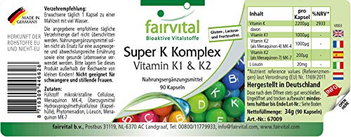 Super K Complex - Vitamina K1 + Vitamina K2 - Fitomenadiona y Menaquinona MK-4 & MK-7 - Complejo de Vitamina K VEGANO - Dosis elevada - 90 Cápsulas - Calidad Alemana