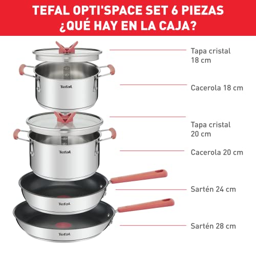 Tefal Optispace - Juego de 2 Sartenes y 2 Ollas: 2 Sartenes de 24/28 cm, Cacerola de 18 cm y olla de 20 cm de acero inoxidable, 2 tapas planas, Thermospot, asas toque frío, todo tipo de cocinas