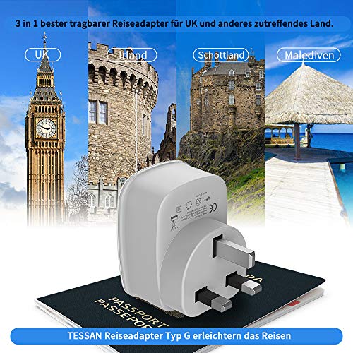 TESSAN Adaptador Enchufe Ingles UK Inglaterra Adaptador de Viaje con 2 USB (2.4A), Español 2 Patas Europa hacia 3 Patas Reino Unido RU para Irlanda Escocia Britanico Maldivas（Tipo G） Blanco
