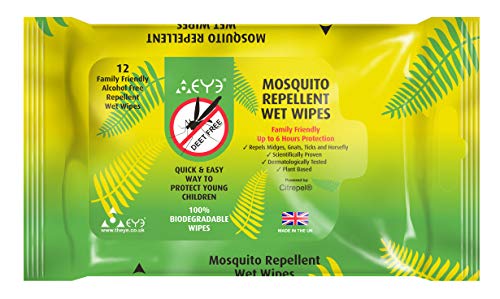 Theye Toallitas húmedas naturales repelentes de mosquitos, DEET libre de alcohol, 100% natural 12 unidades 76 gr