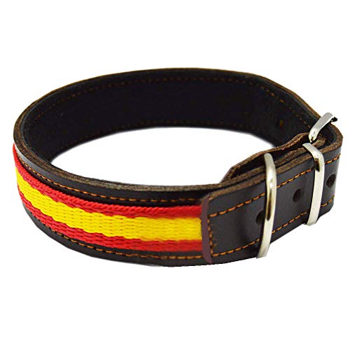 Tiendas LGP - Collar para Perros de Piel Flor con Bandera de España, 3 x 53 cm, Color Marrón