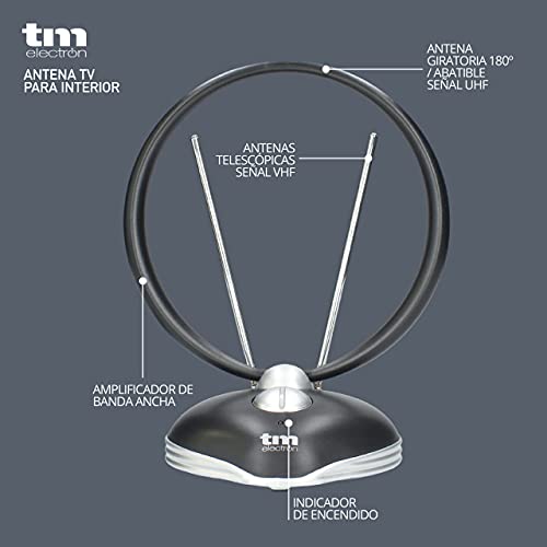 TM Electron TMANT013 Antena de Interior para televisión, compacta, amplificada con 38dB para recepción de TDT (DVB-T), UHF, VHF y FM.