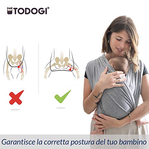 Todogi® - Fular portabebés elástico para recién nacidos con soporte de espalda ergonómico – Banda elástica de algodón para bebé 40 semanas con anillas, fácil de llevar, unisex, color gris