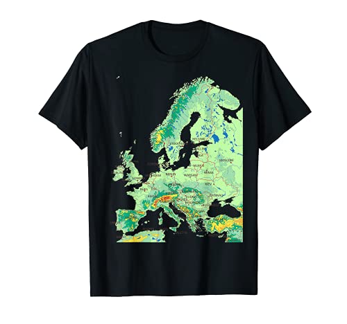 topográfico Europa Mapa, lagos ríos y capitales nombres Camiseta