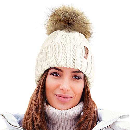 TOSKATOK Sombrero de Punto Grueso para Mujer, con Forro Polar y pellizco de Piel sintética Desmontable