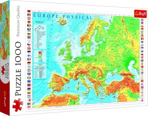 Trefl, Puzzle, Mapa físico de Europa, de 1000 Piezas, Mapa, Europa, Continente, Océano, Mar, Educación, Rompecabezas DIY, Pasatiempo Creativo, Regalo, Diversión