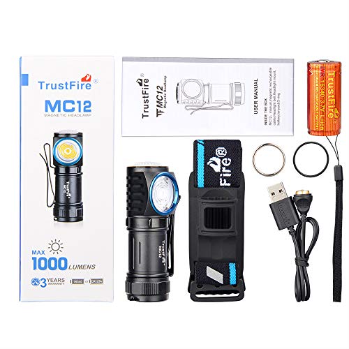 TrustFire MC12 Linterna frontal LED linterna recargable de 1000 lúmenes Batería ajustable de 180 °, personalizada - Cable de carga USB magnético para acampar al aire libre Senderismo Correr