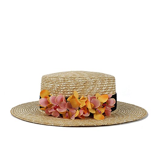u&h 2020 Sombrero Sombrero de Paja del Verano Verano Plana Prok Pie de Sunbonnet navegante Sombrero de la Playa con la Flor Buena elección (Color : Orange, Size : 56-58cm)