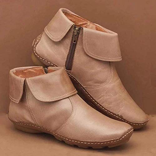 UMore Botines de Cuero Otoño Vintage con Cordones Zapatos de Mujer Botas cómodas de tacón Plano Cremallera Bota Alto Botas de Apoyo de Arco 2037 para Mujeres