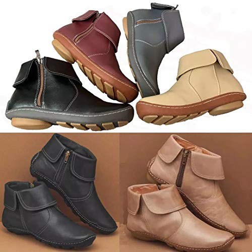 UMore Botines de Cuero Otoño Vintage con Cordones Zapatos de Mujer Botas cómodas de tacón Plano Cremallera Bota Alto Botas de Apoyo de Arco 2037 para Mujeres