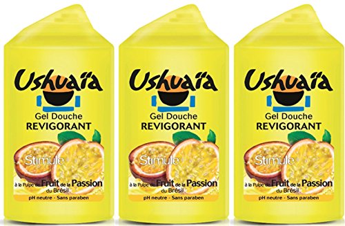Ushuaïa – Gel de ducha revitalizante con pulpa de Fruta de la pasión de Brasil – 250 ml – juego de 3