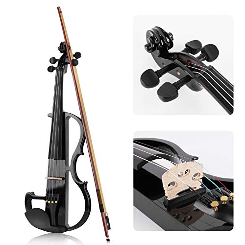 Vangoa Violín Electrico 4/4 Tamaño Completo Violín Silencioso para Principiante Madera Maciza Kit de Violin, Negro