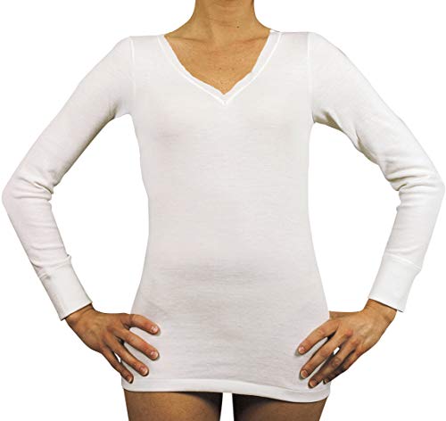 Velan 40202 (Talla 3 Blanco) - Camiseta térmica Manga Larga Cuello en V Ropa Interior para Mujer Lana y algodón