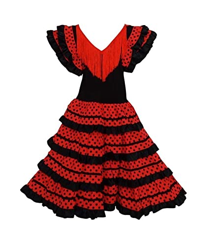 Vestido Sevillanas Niña Negro【Tallas Infantiles de 1 a 15 años】[5-6 años] Disfraz Sevillana Traje Flamenca Volantes Feria Abril Sevilla Baile