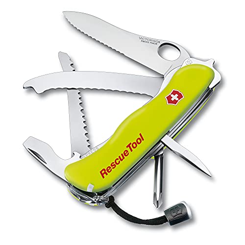Victorinox Rescue Tool Navaja con 15 funciones, incluyendo sierra cortavidrio y rompecristales, de color amarillo fluorescente