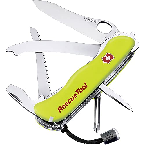 Victorinox Rescue Tool Navaja con 15 funciones, incluyendo sierra cortavidrio y rompecristales, de color amarillo fluorescente