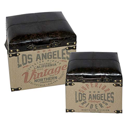 Vidal Regalos Set Caja Taburete Decorativo x2 Madera Polipiel Los Angeles Vintage Almacenaje 2 Tamaños