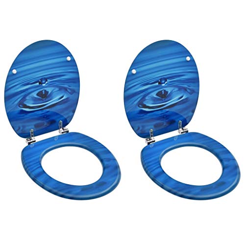 vidaXL 2X Asientos de Inodoro con Tapa WC Baño Váter Ovalada Retrete Desmontaje Rápido Ergonómico Fácil de Limpieza MDF Azul Diseño Gota de Agua