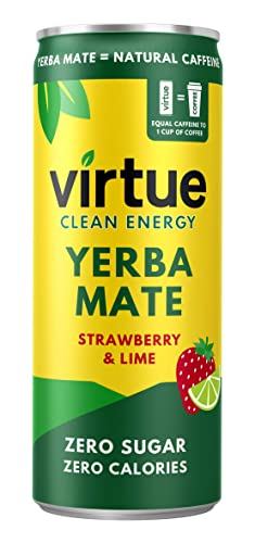 Virtue Yerba Mate - Bebida Energética Natural - Sin Azúcar, Cero Calorías, Vegana, Cetogénica, Sin Gluten, Vitaminas del Grupo B (Fresa & Lima, 12x 250ml)