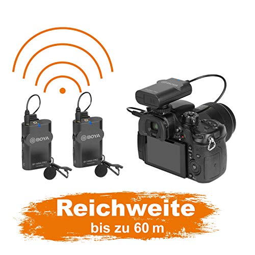 Walimex pro Boya WM4 Pro K-2-Juego de 3micrófonos inalámbricos de alto rendimiento con 2micrófonos lavalifica,2transmisores y 1receptor,hasta 60metros,35Hz-14kHz para retorno de vídeo,Dokus,reportaje