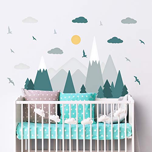 WALPLUS Colorido paisaje de montañas, estilo escandinavo, pegatinas de pared para niños, pegatinas de montaña, cuarto de bebé, bosque, aventura