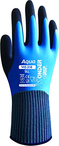 Wonder Grip WG-318 Aqua - Guante de trabajo Nylon y latex gloves, impermeables para un maximo agarre, hombre y mujer, jardineria talla L/ 9 azul con negro