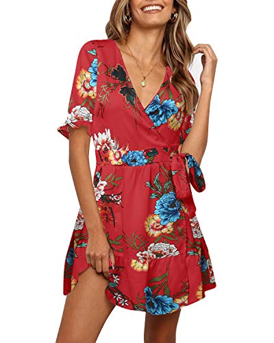 YOINS - Vestido de verano para mujer, con cuello redondo, diseño de flores, elegante, corto, cintura alta, minivestido, fiesta, playa V-rojo. XL