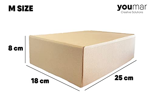 Youmar Solutions - Pack 25 Cajas Carton (Talla M) Envios Kraft Automontables para Ecommerce y postal, Pequeña 25x18x8cm