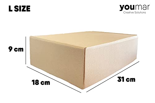 Youmar Solutions - Pack 25 Cajas (Talla L) Carton Envios Kraft Automontables para Ecommerce y postal, Mediana 31x18x9cm