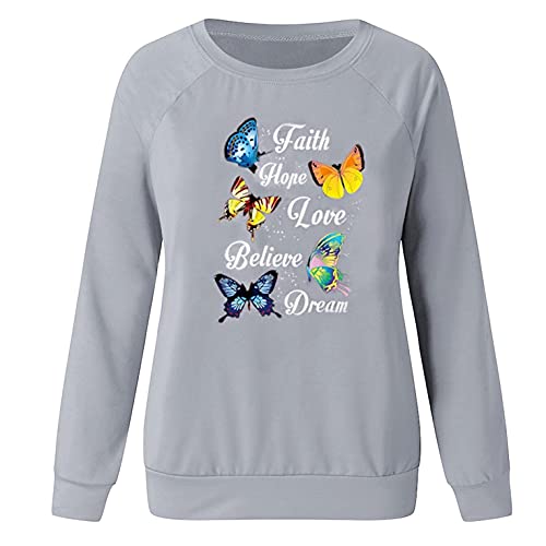 Zldhxyf Camiseta de manga larga para mujer, cuello redondo, blusas, informal, camisas, sudadera, moderna, elegante, adolescente, niña, gris, XL