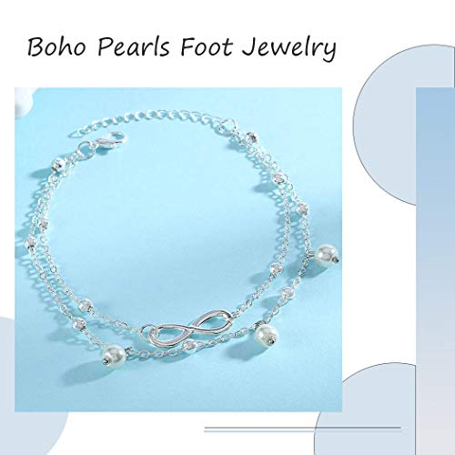 Zoestar - Tobillera doble, de plata, con perlas, estilo bohemio, pulsera para el tobillo, cadena con cuentas, para pie, joyería, para mujeres y niñas