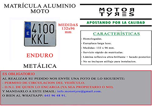 1 MATRICULA Enduro Moto Aluminio Metalica Medida 132x96 mm 100% HOMOLOGADA Moto TAMAÑO Corto Tipo Enduro ULTRABRILLANTE
