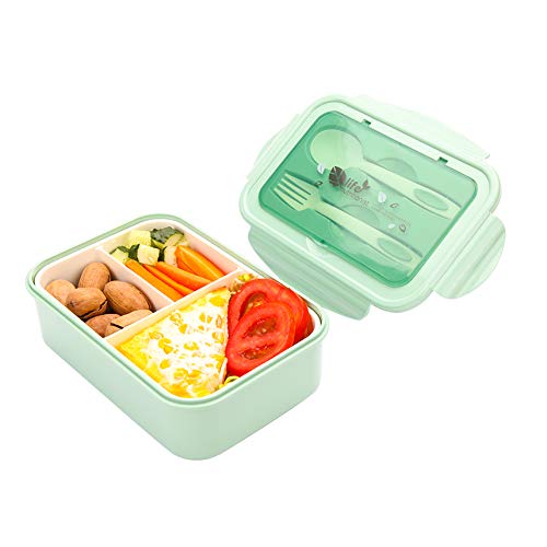 1400ml Caja de Almuerzo de Plástico Verde, Caja de Bento con 3 Compartimentos y Cubiertos (Tenedor y Cuchara), Fiambreras Caja de Alimentos Ideal para Almuerzo y Bocadillos para Niños y Adultos