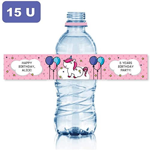 15 Pegatinas para botellas personalizadas para fiestas y cumpleaños. Etiquetas adhesivas con nombre para pegar en botellas de agua de 33 cl. Resistentes al agua, nevera y lavavajillas (Unicornios)