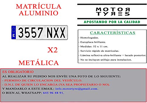 2 MATRICULA Coche Aluminio Metalica Larga Normal Medidas 52 x 11 cm HOMOLOGADA Ultra-Brillante MATRICULAS