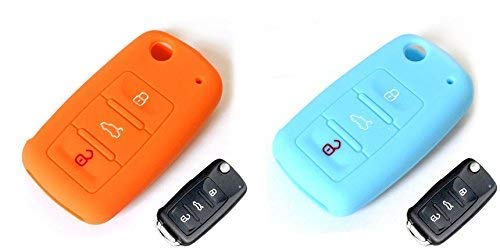 2 Piezas 3 Botones Silicona Funda para Llave de Coche Car Key Cover para VW Golf 6 Skoda Seat(Azul Cielo+Naranja)