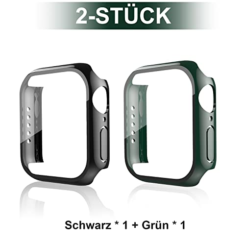 [2 Piezas] Funda Apple Watch Serie SE/6/5/4 40 44mm Protector Pantalla Cristal Templado, HD Protección Completa Carcasa para iWatch Slim Cover de Bumper (Negro * 1 + Verde * 1, 44mm)
