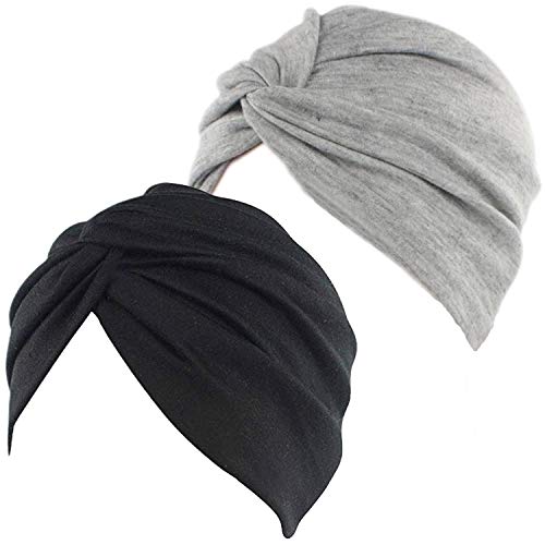 2 Piezas Gorros Turbantes para Mujer Cancer Pañuelos Cabeza Mujer Gorros de Dormir Algodón Elástico Frontal Cruzado Gorro Turbante Pelo Mujer para Pérdida de Pelo (Negro+Gris)