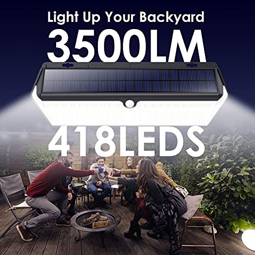 418 LED Luz Solar Exterior【3500LM 4400mAh Súper Brillante Lámparas Solares con Carga USB】Foco Solar Exterior con Sensor de Movimiento 270º Iluminación 3 Modos IP65 Luz led Solar para Jardín 2 Paquete