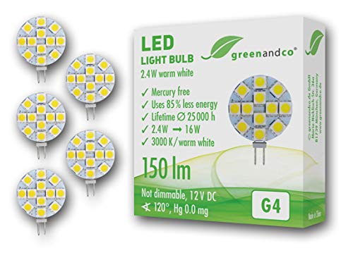 5 unidades de lámparas LED greenandco® G4 2,4 vatios 250 lúmenes 3000 K (blanco cálido) 120° ángulo de dispersión 12 voltios DC